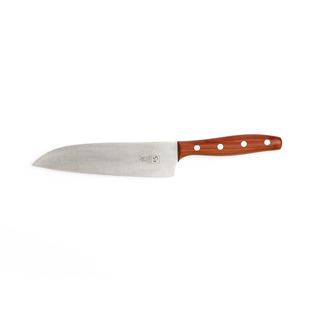 Seven inch stainless steel chef's knife with plum wood handle on white background