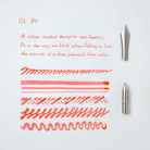 Red ink swatches and pen nibs on a light gray background with text.
