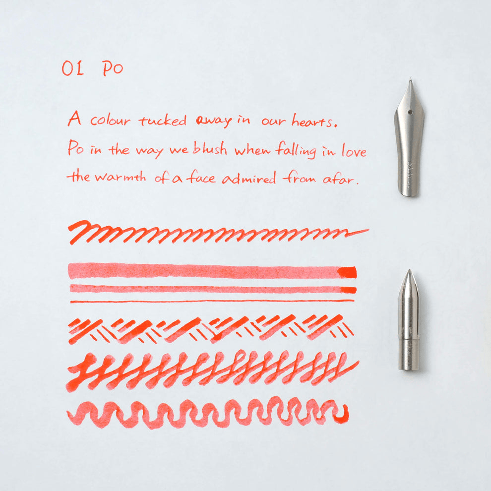 Red ink swatches and pen nibs on a light gray background with text.