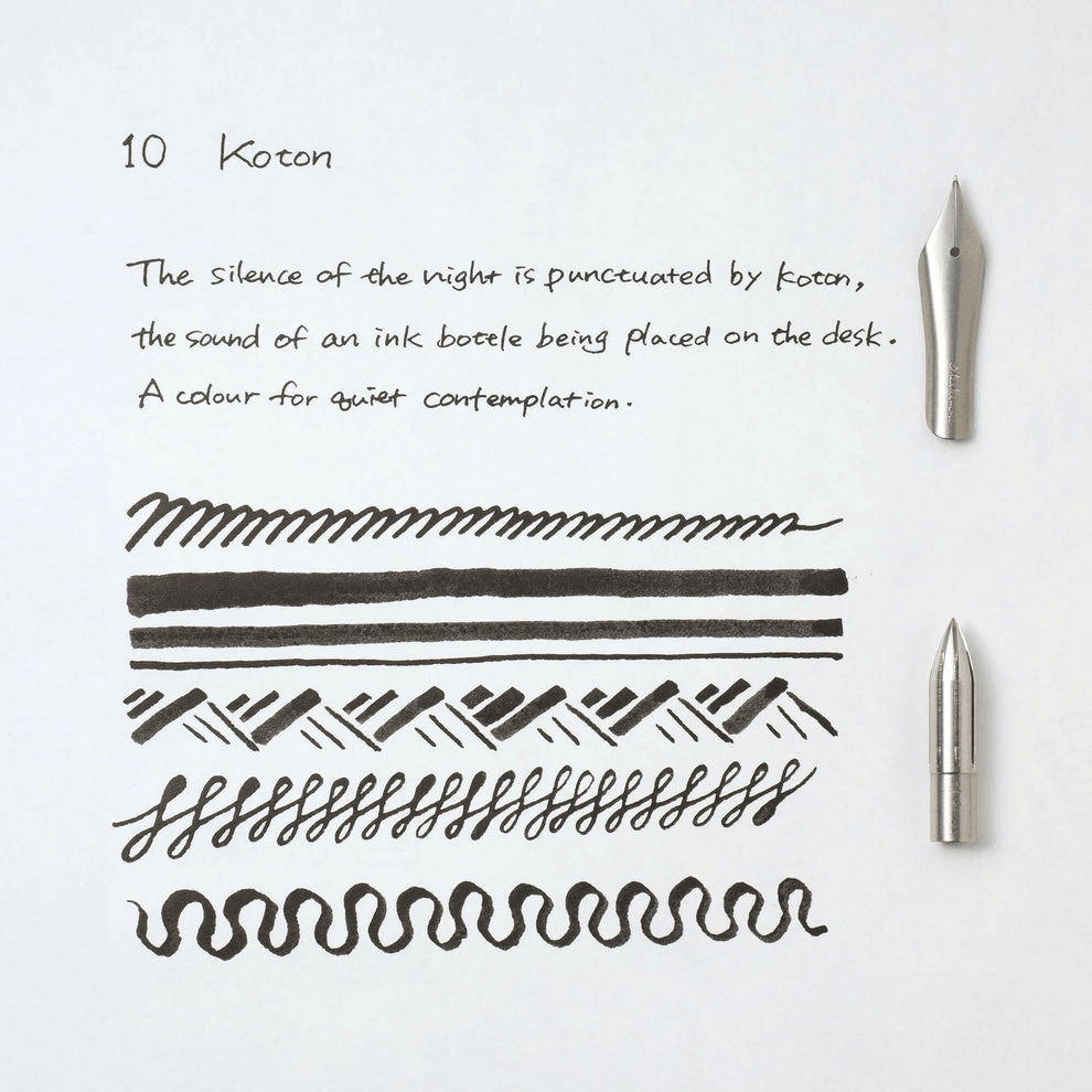 Ink pen with black Koton ink swatches and description on a white background
