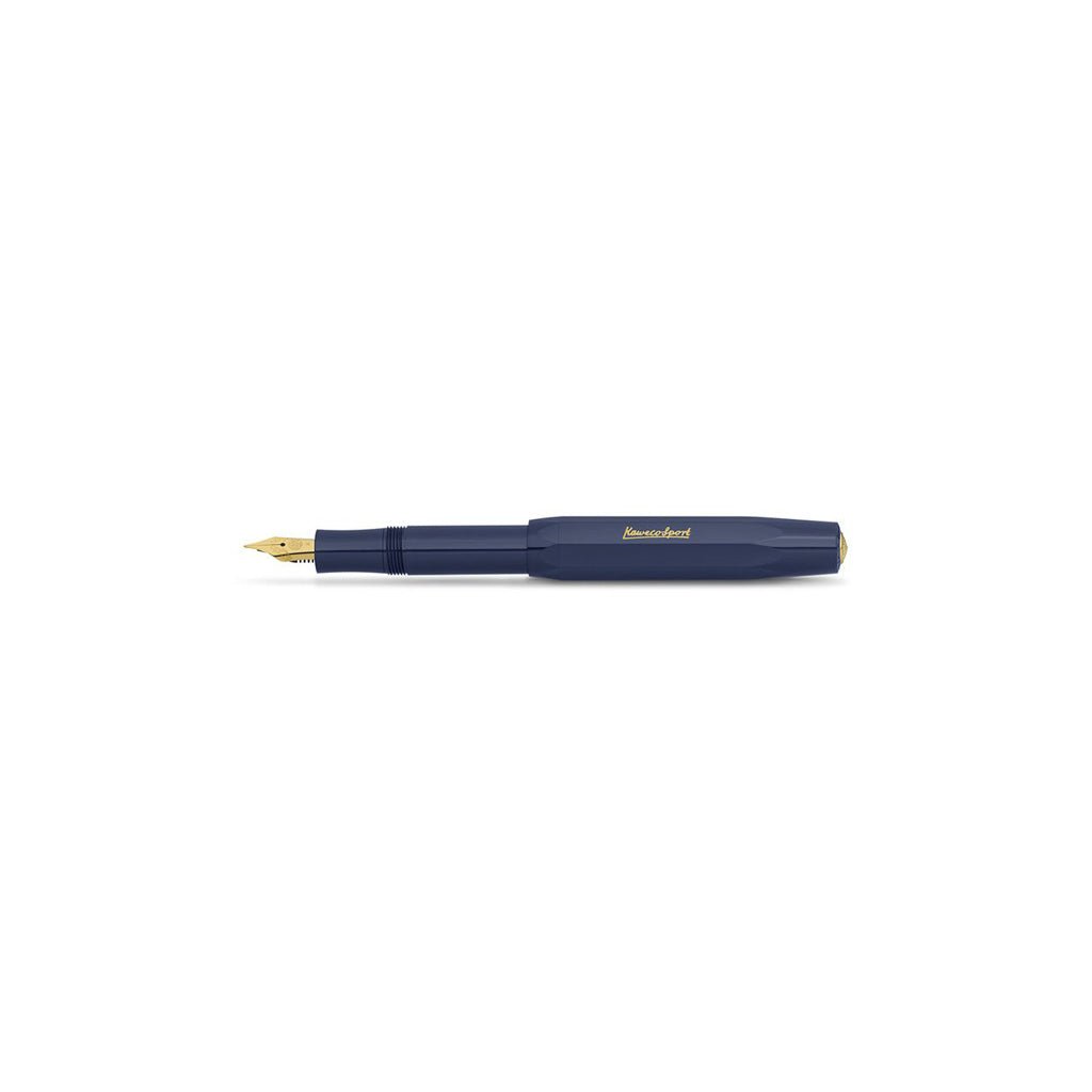 Blue fountain pen with gold accents on a white background