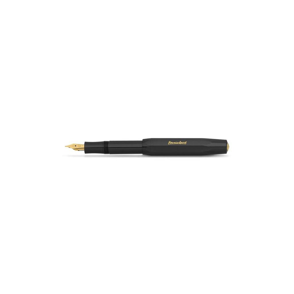 Black fountain pen with gold accents on a white background