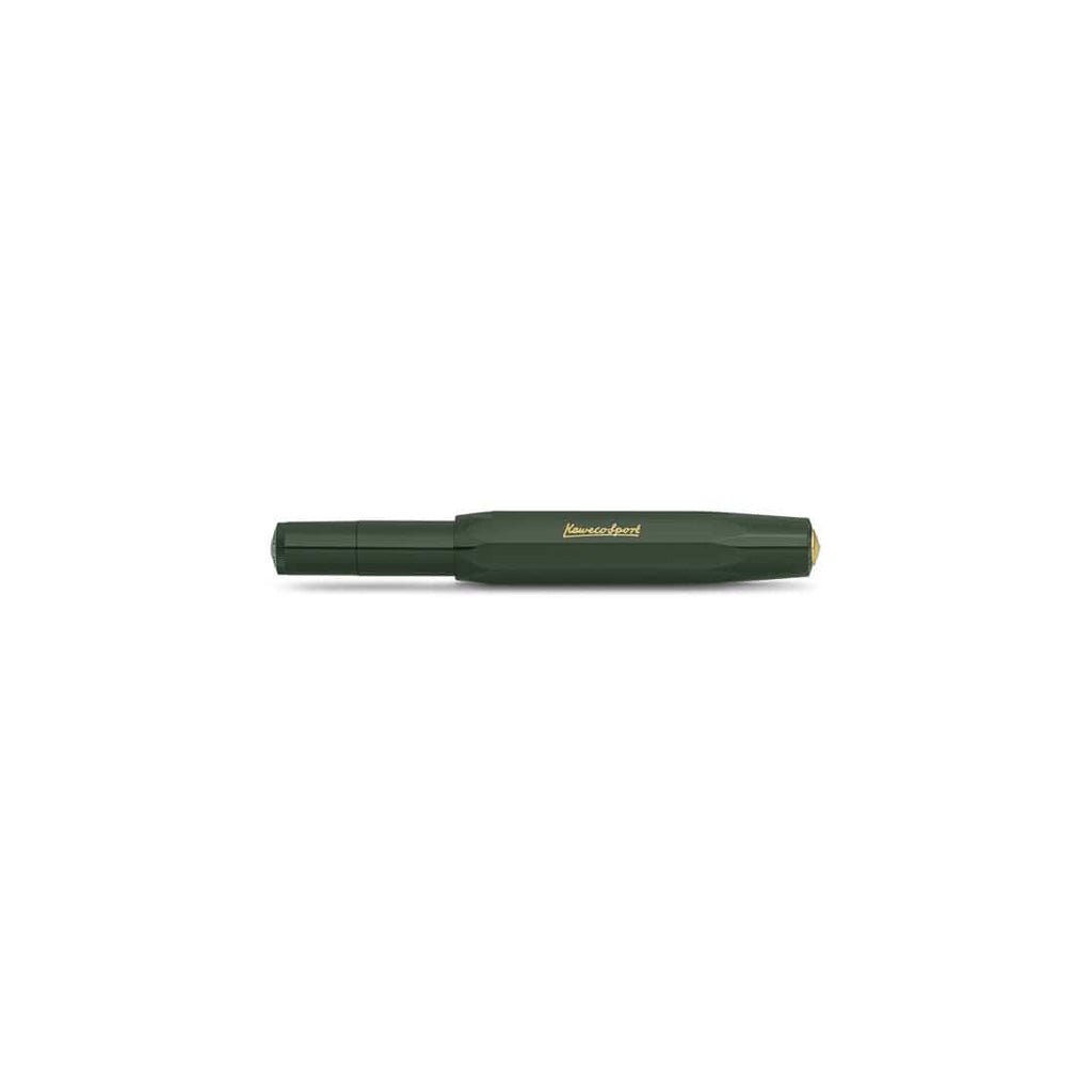 Green pen with a visible brand logo on a white background