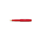 Red fountain pen with gold nib on a white background