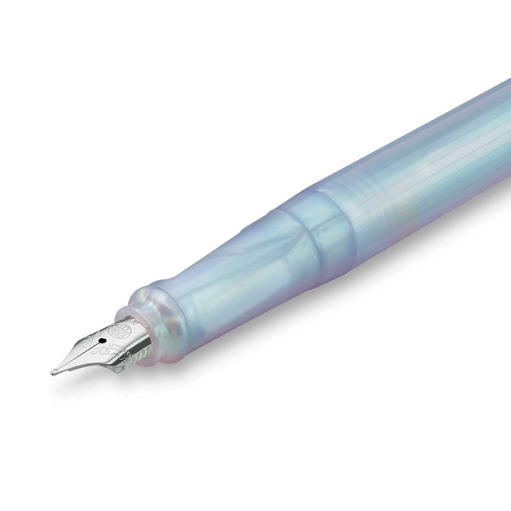 Iridescent Pearl Kaweco perkeo fountain pen with silver nib on white background