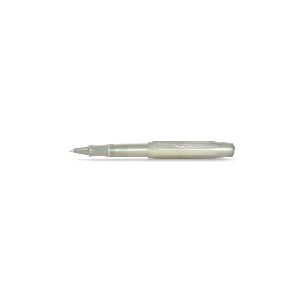 Light greenish white gel rollerball pen with silver accents on white background