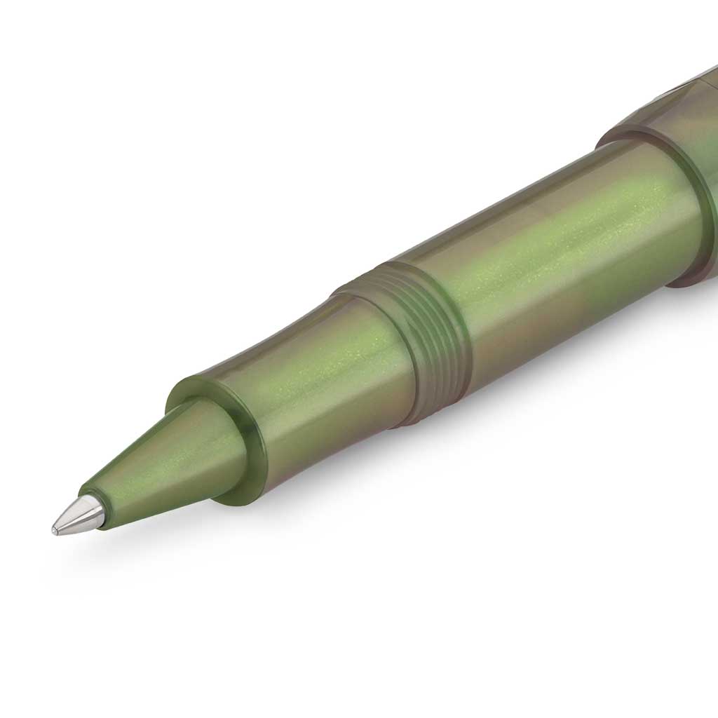 Dark shadow green gel rollerball pen with iridescent finish and silver accents open on white background