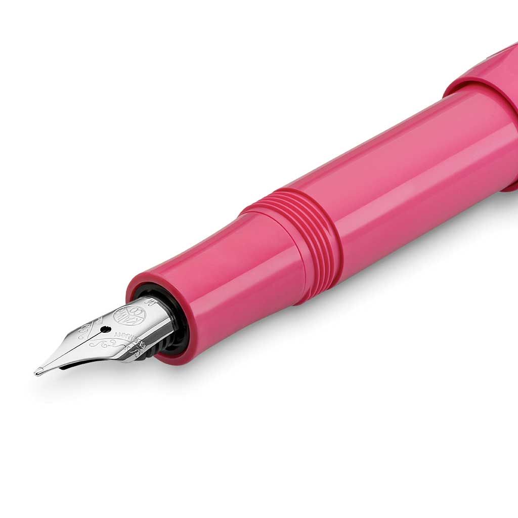 Pink Kaweco fountain pen with silver nib on a white background