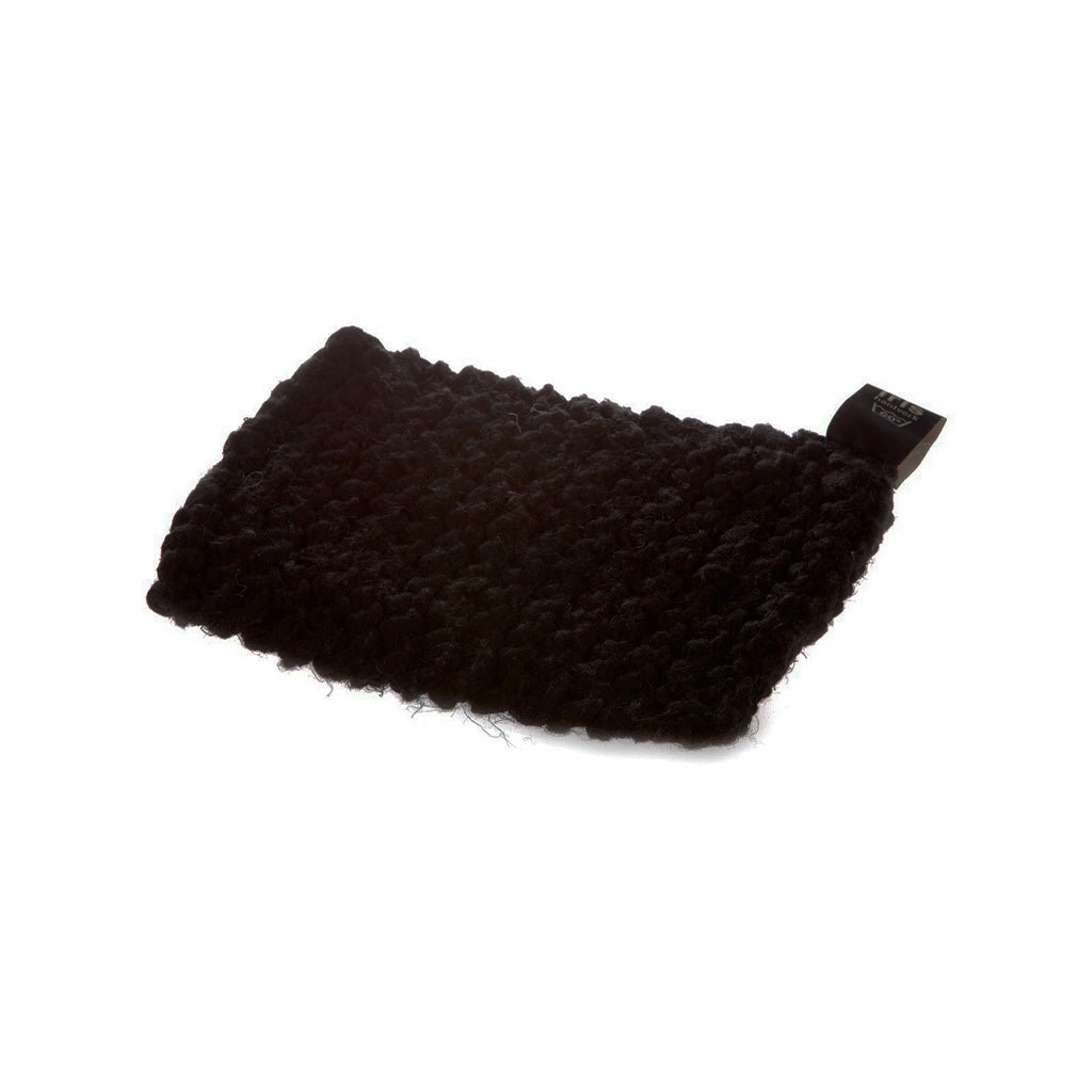 Black knitted fabric kettle holder on white background
