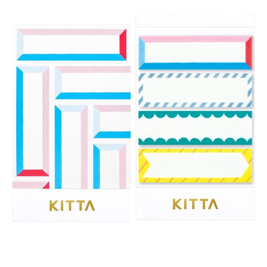 Set of pre-cut washi stickers with colorful frame designs in paper holder on white background