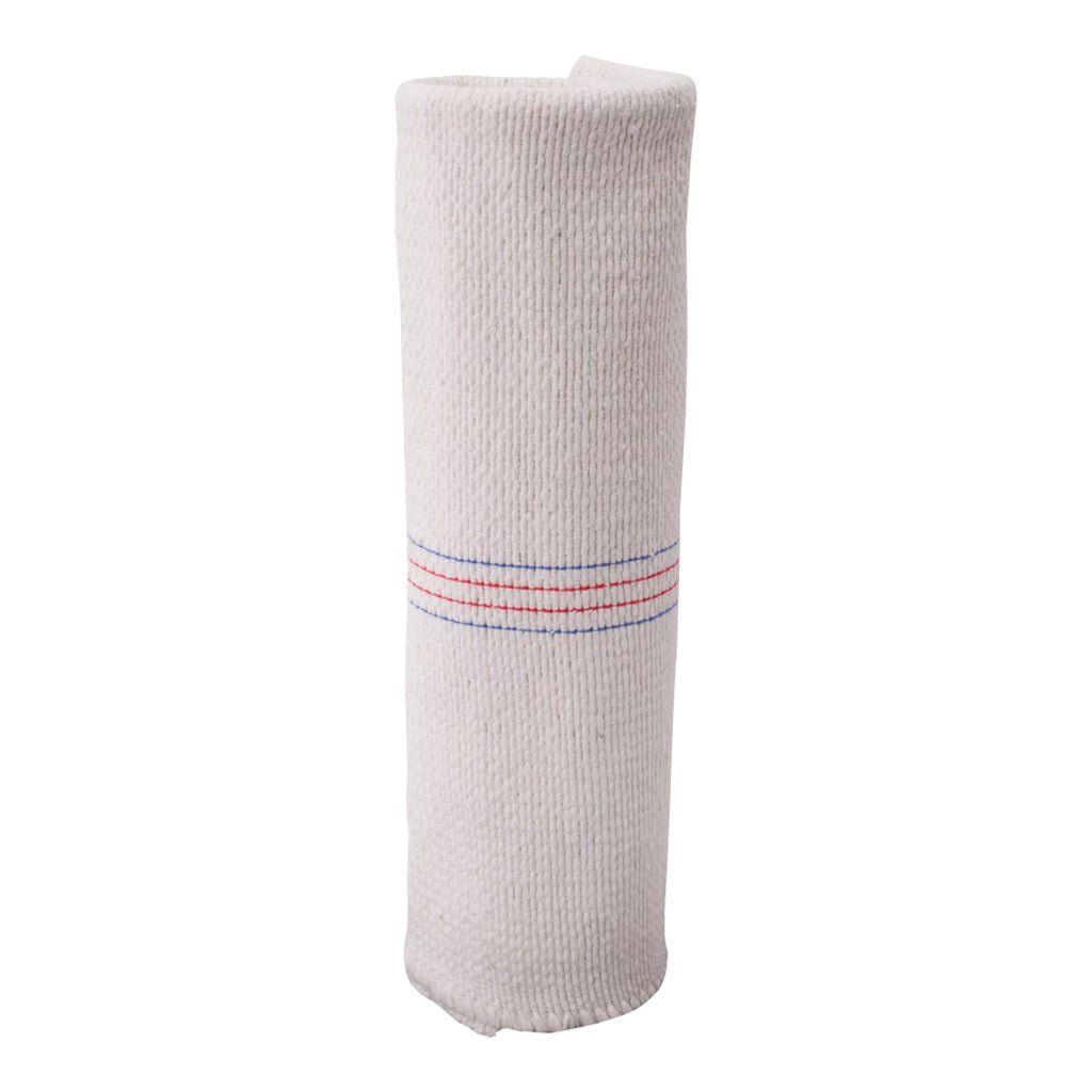 Large cotton kitchen cloth with thin colored stripes rolled up on white background