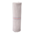 Large cotton kitchen cloth with thin colored stripes rolled up on white background