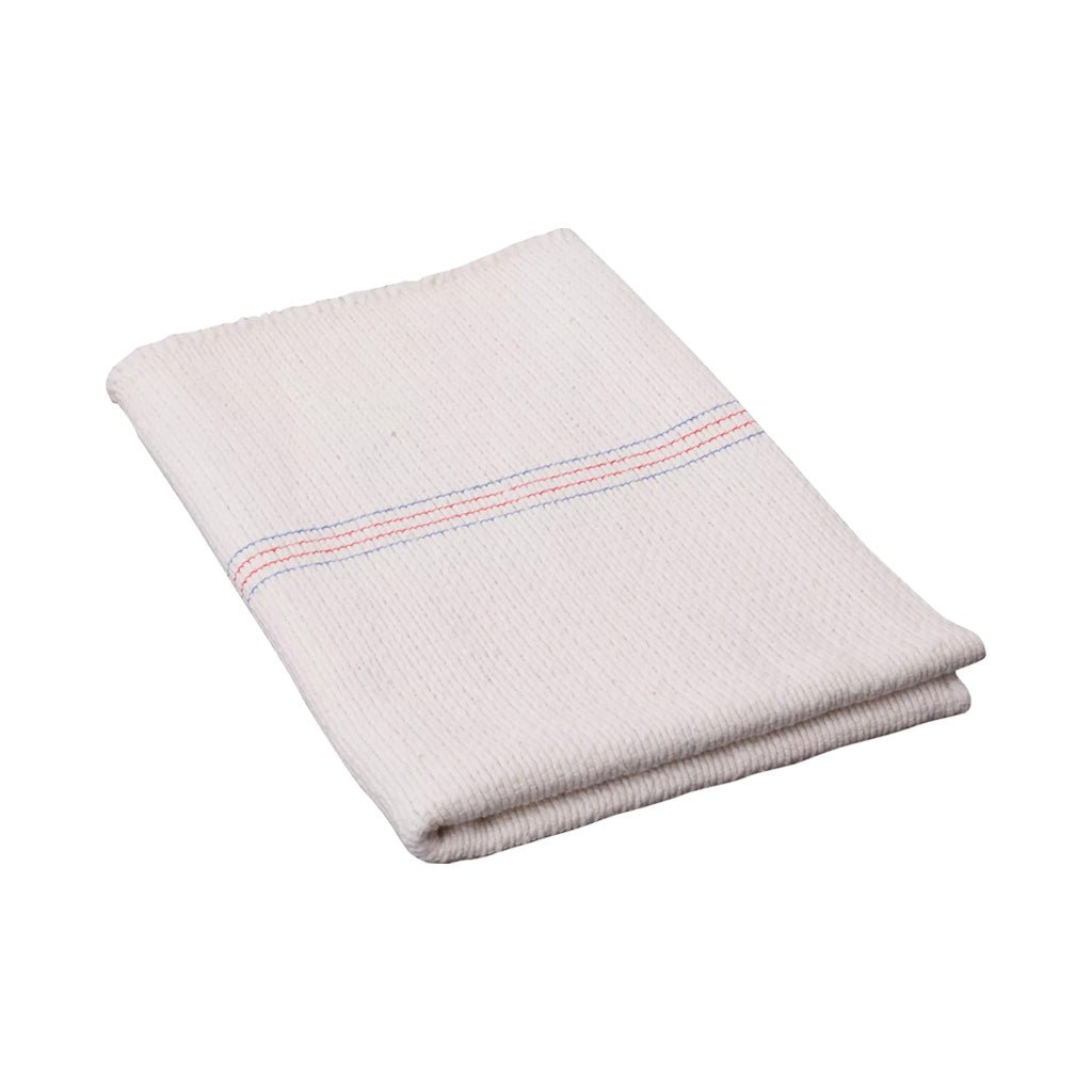 Large cotton kitchen cloth with thin colored stripes folded on white background