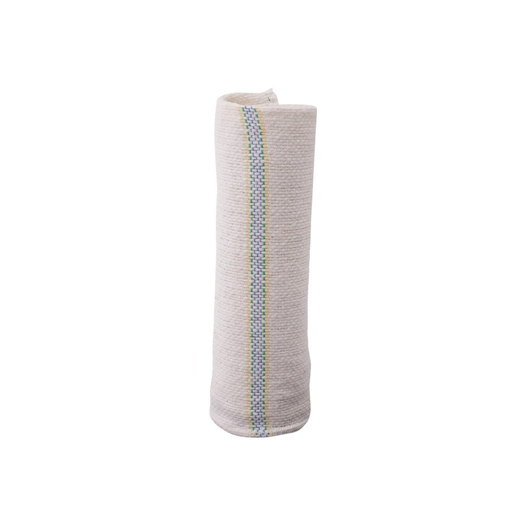 Small cotton kitchen cloth with thin colored stripes rolled up on white background