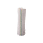 Small cotton kitchen cloth with thin colored stripes rolled up on white background