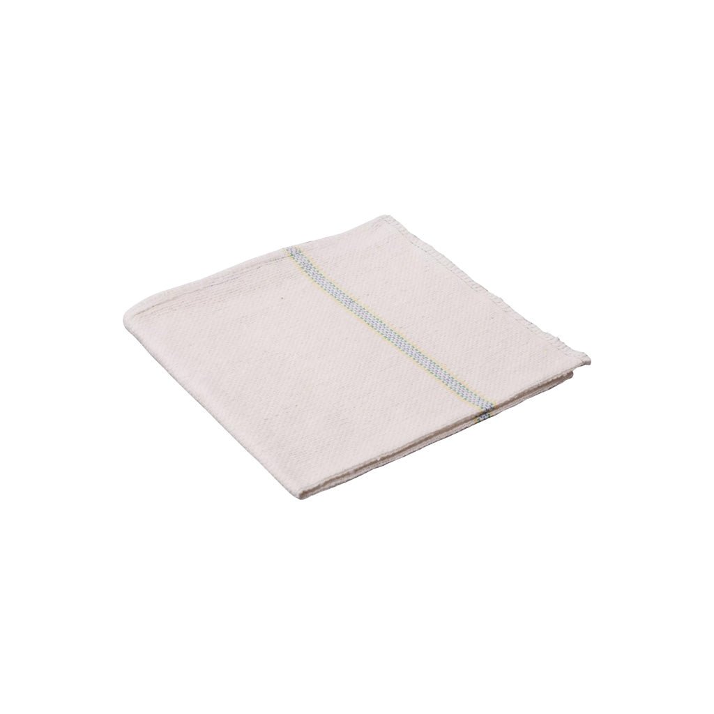 Small cotton kitchen cloth with thin colored stripes folded on white background