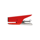 Red and silver handheld stapler on a white background