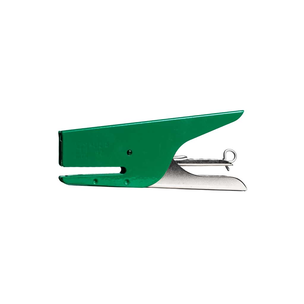 Green and silver handheld stapler on a white background