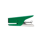 Green and silver handheld stapler on a white background