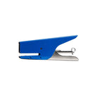 Blue and silver handheld stapler on a white background
