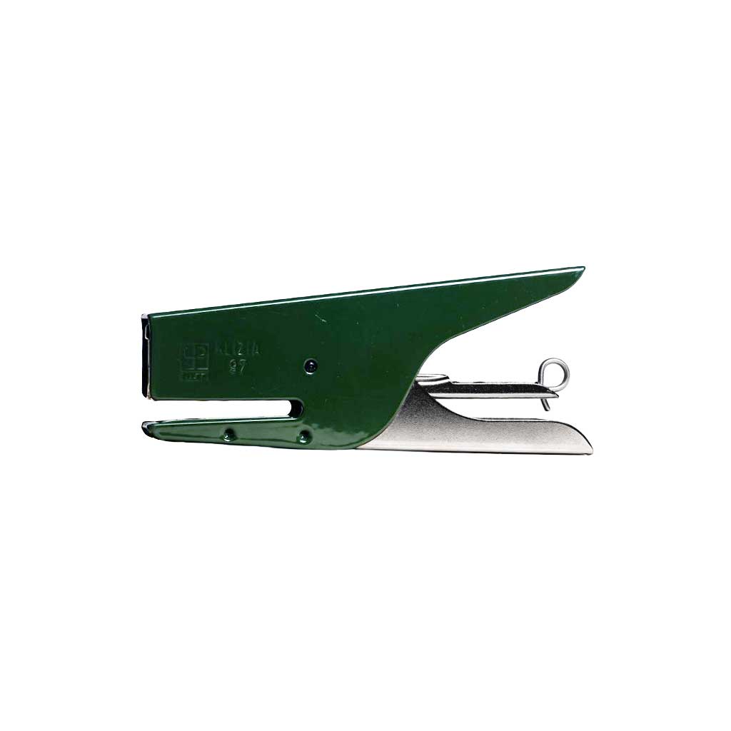 Dark green and silver handheld stapler on a white background