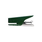 Dark green and silver handheld stapler on a white background