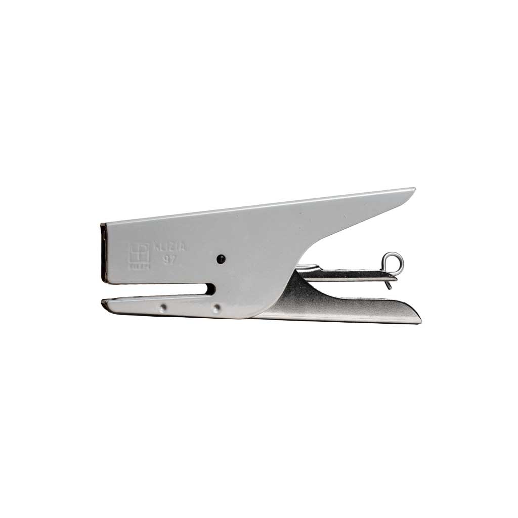 Grey and silver handheld stapler on a white background