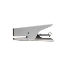 Grey and silver handheld stapler on a white background