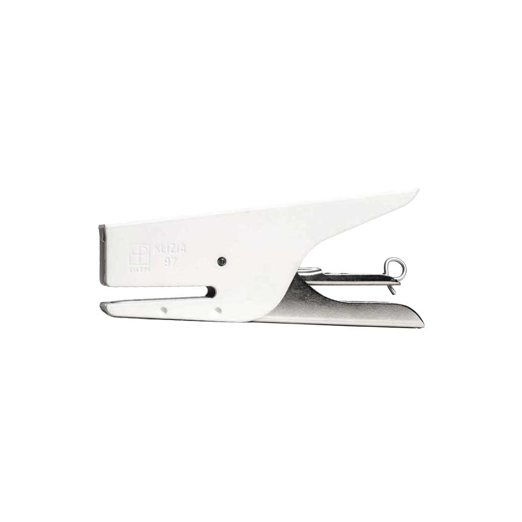 White and silver handheld stapler on a white background