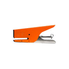 Orange and silver handheld stapler on a white background