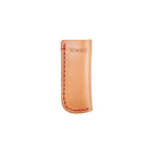 Beige leather knife sheath with red stitching and Niwaki branding on white background