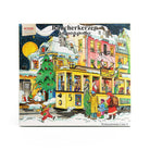 KNOX incense advent calendar featuring a colorful snowy Christmas village, a tram, a Christmas tree, with perforated numbered doors.