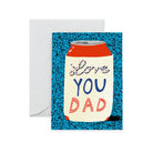 A greeting card with a design resembling a koozie and the text 'Love YOU DAD' on it, against a blue speckled background. An envelope is shown behind the card.