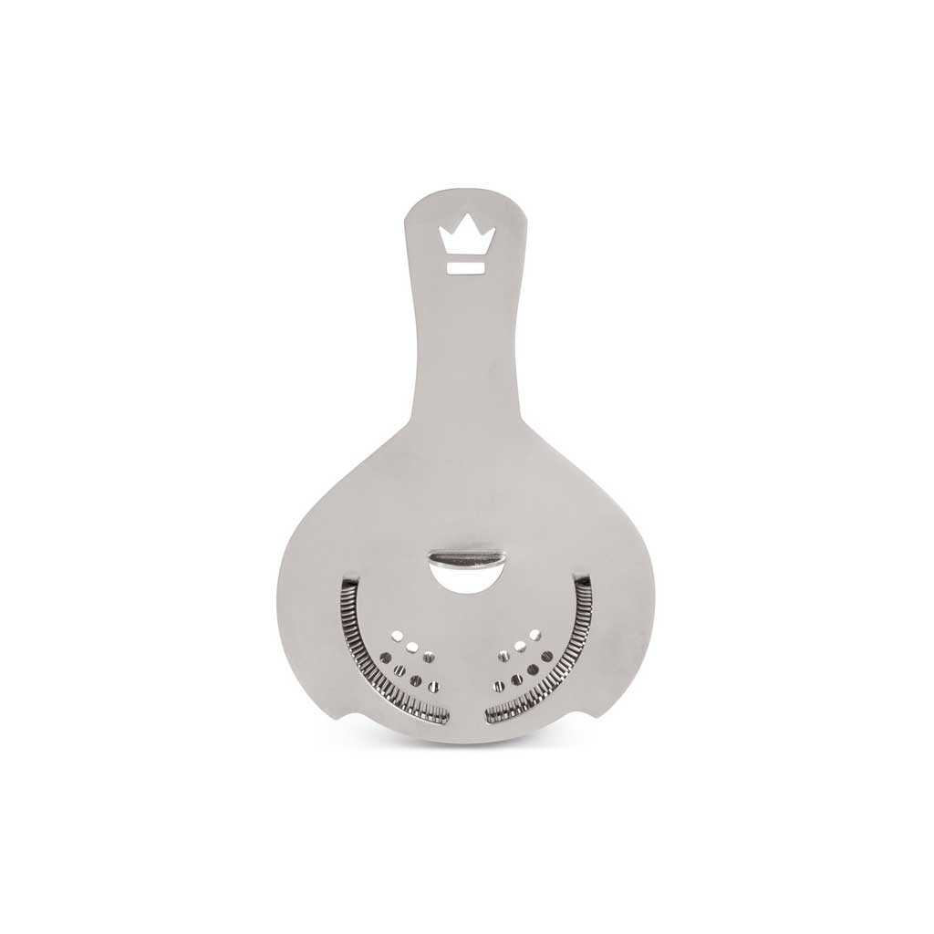 Back of metallic Koriko cocktail strainer on a white background