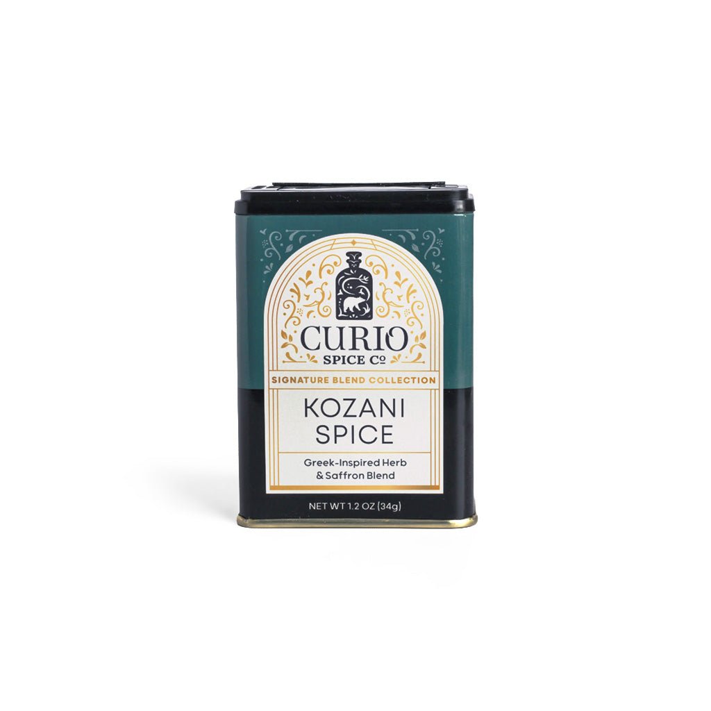 Tin of Curio Spice Co. Kozani Spice blend on white background