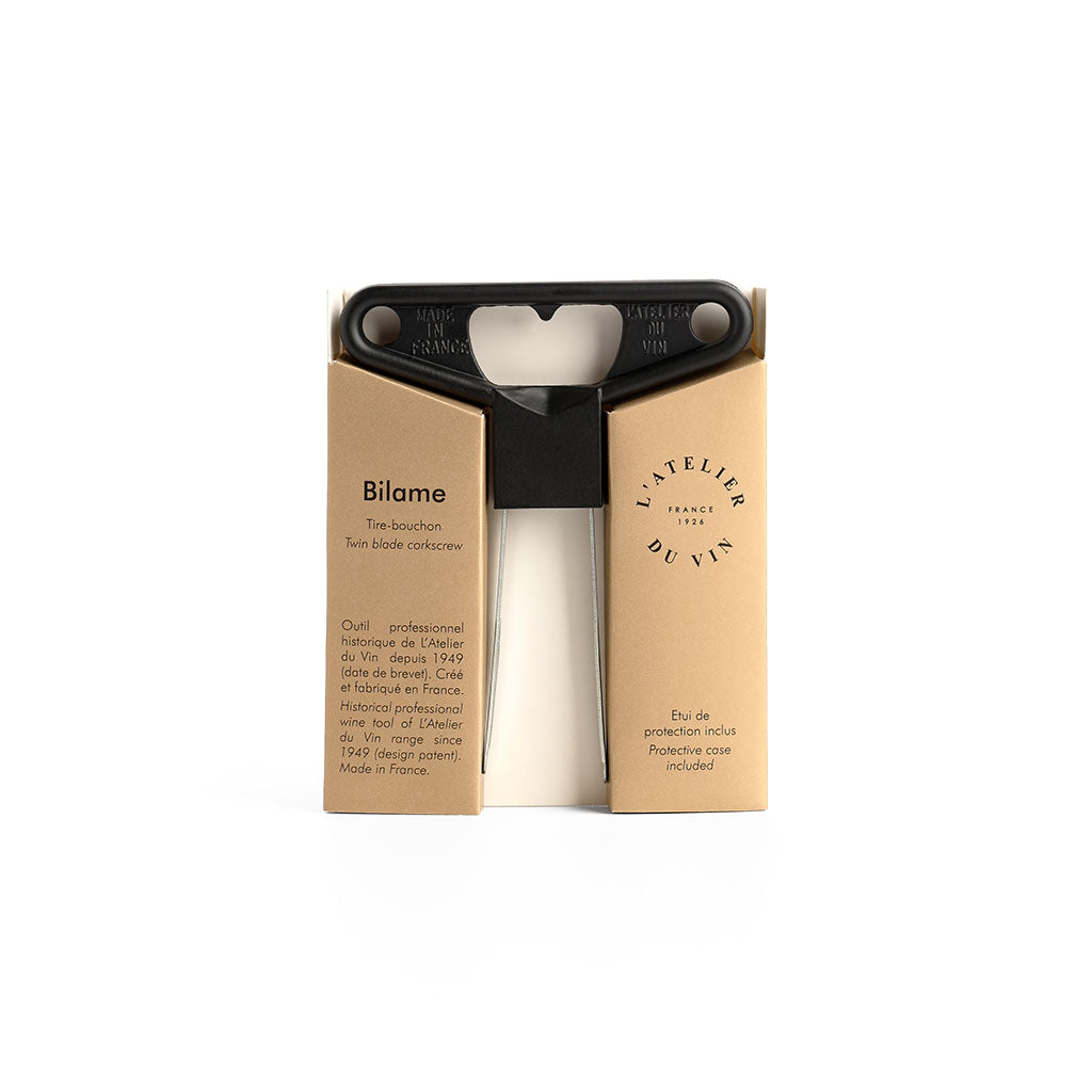 Silver cork extractor with a black handle in gold packaging.