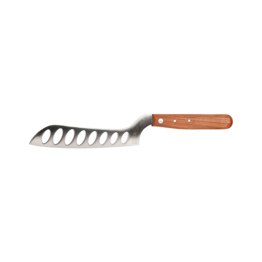 Langloch cheese knife with large holes on blade and cherrywood handle against white background