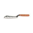 Langloch cheese knife with large holes on blade and cherrywood handle against white background