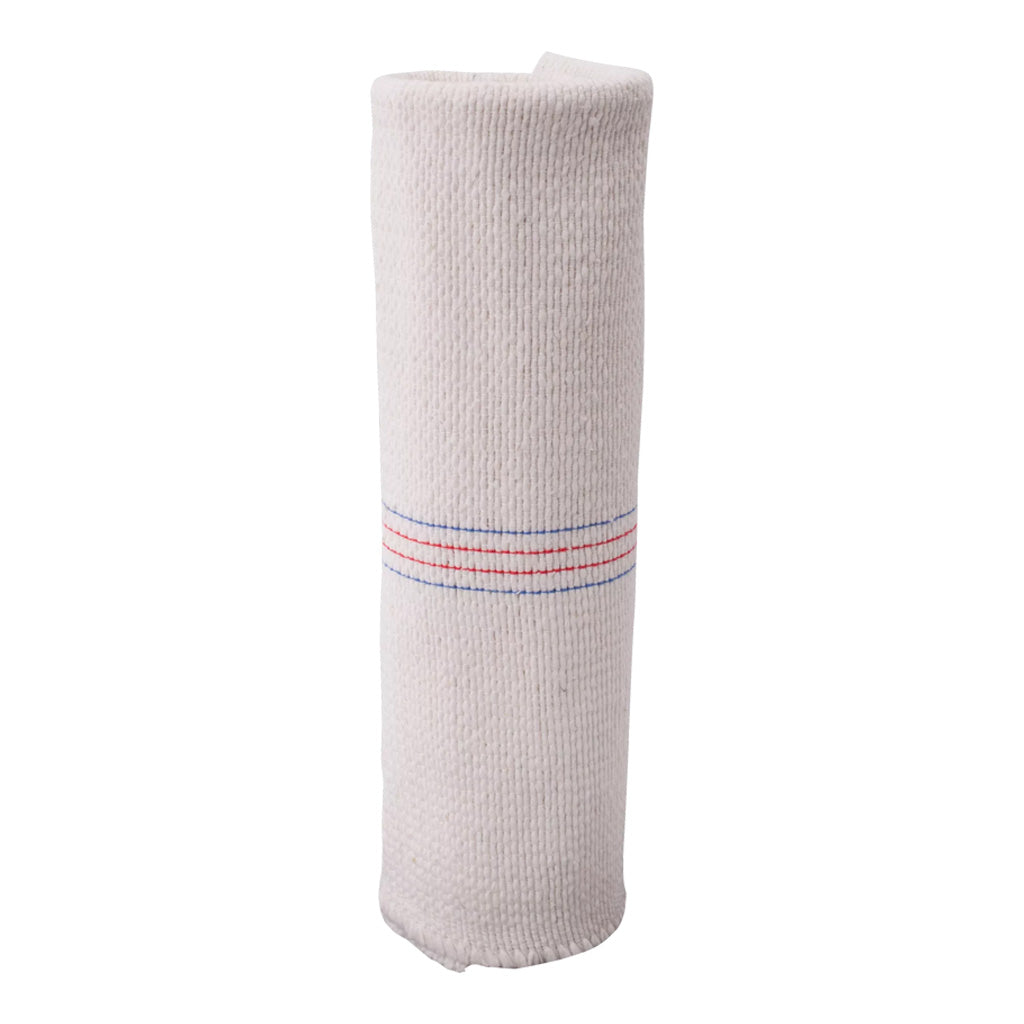 Large cotton kitchen cloth with thin colored stripes rolled up on white background