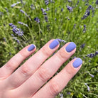 Hand with purple nail polish in front of a lavender field