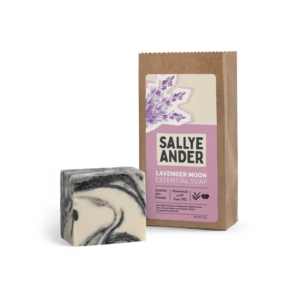 Block of SallyeAnder lavender moon calming marbled-swirled essential soap with packaging on a white background