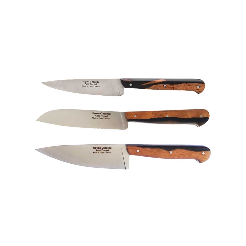 Trio of Goyon-Chazeau two-toned wood stainless steel kitchen knives on white background