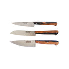 Trio of Goyon-Chazeau two-toned wood stainless steel kitchen knives on white background