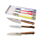 Set of three Goyon-Chazeau two-toned knives with ebony sapwood handle and stainless steel blade on white background next to colorful packaging