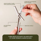 Hand holding a dermaplaning tool with features highlighted on a beige background