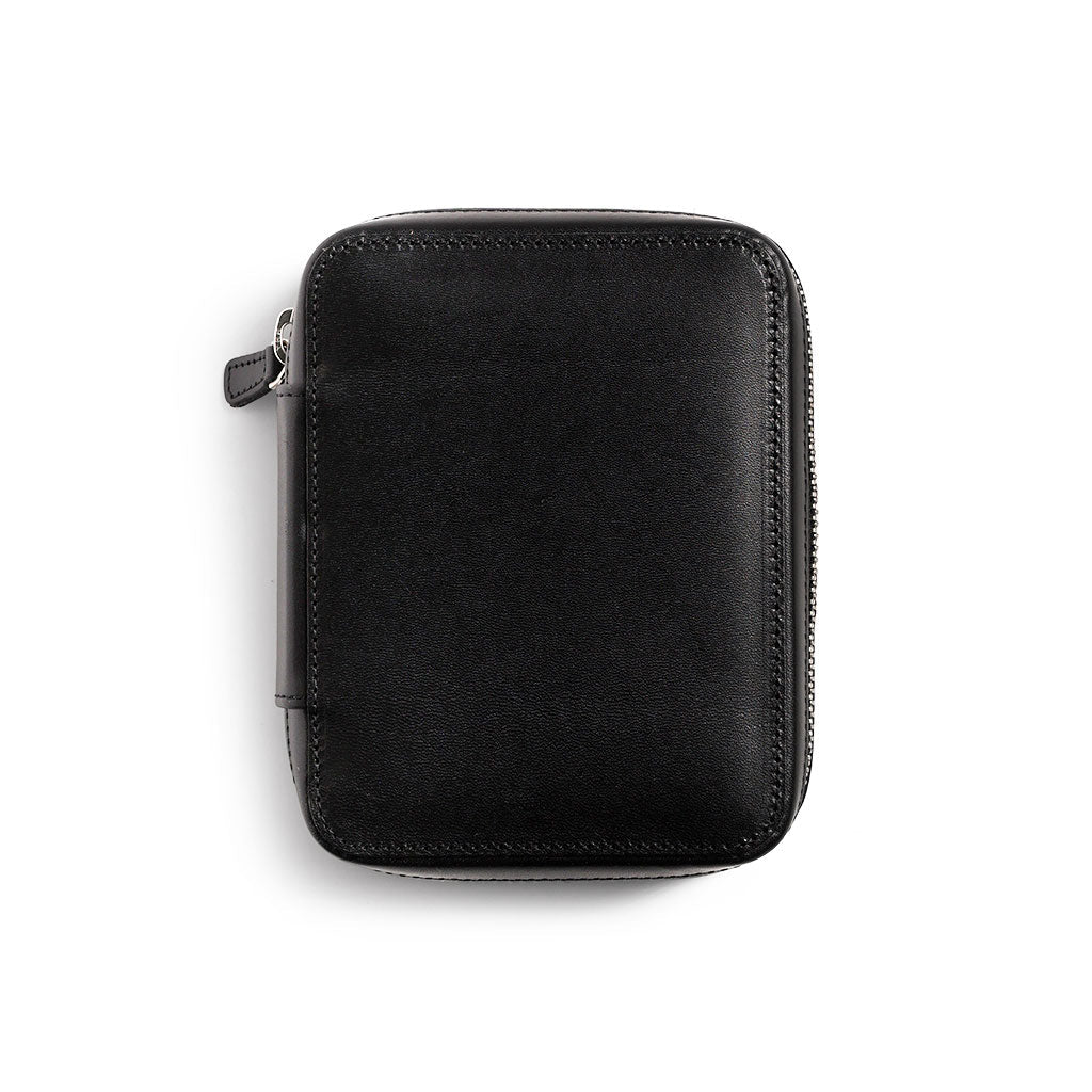 Black leather zippered pen pouch on a white background