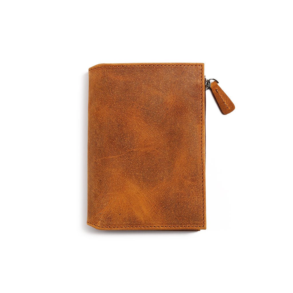 Crazy horse brown leather zippered wallet insert on white background