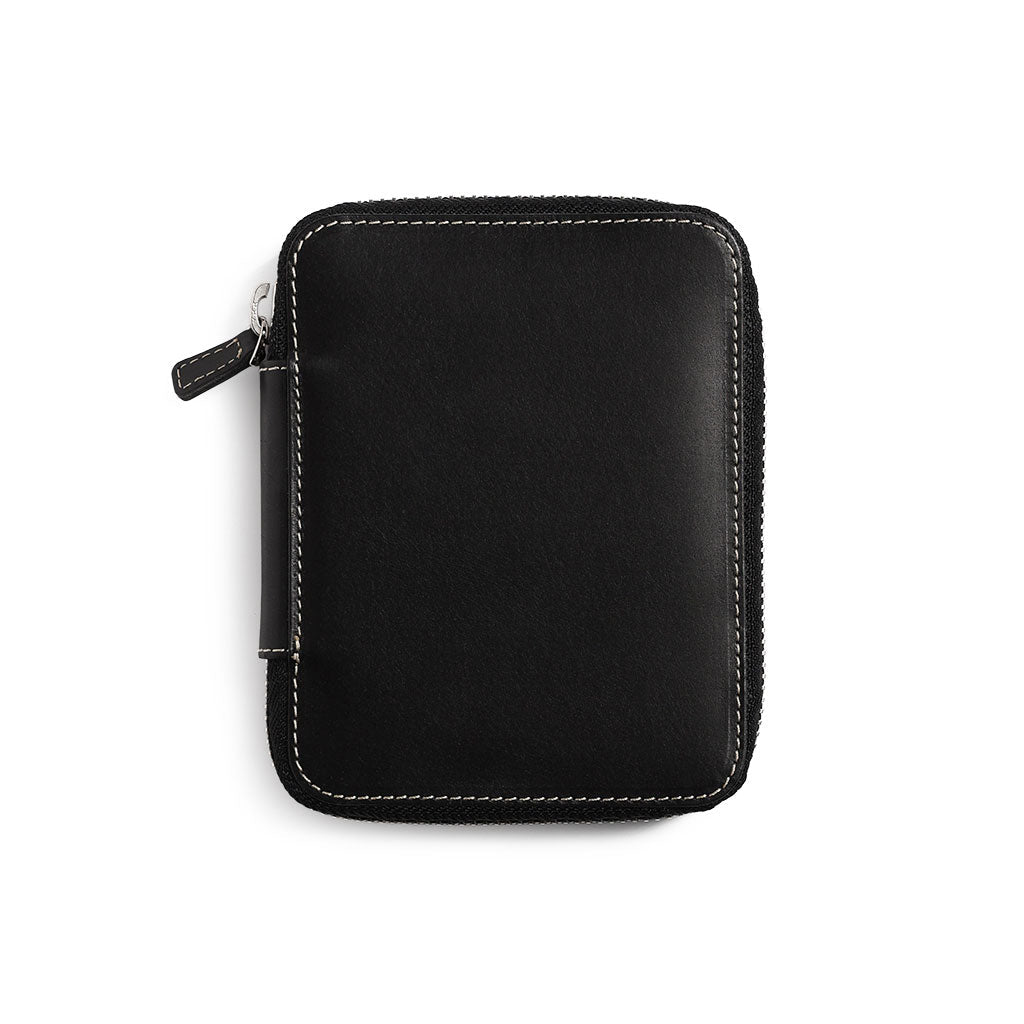 Black leather zippered pen case on a white background
