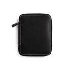 Black leather zippered pen case on a white background