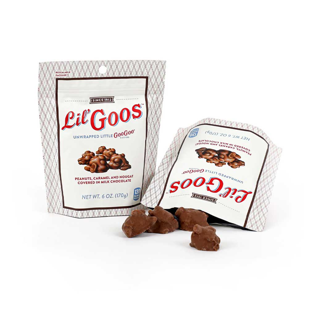 Two packages of Lil' Goos chocolate treats with clusters on a white background